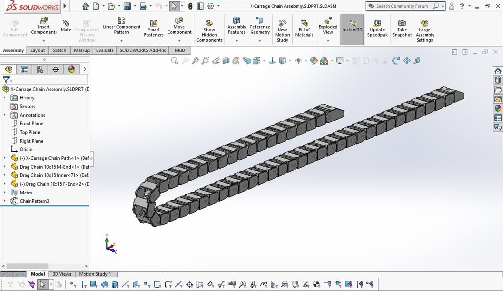3D Printable Cable Drag Chain 10x15mm (Solidworks)