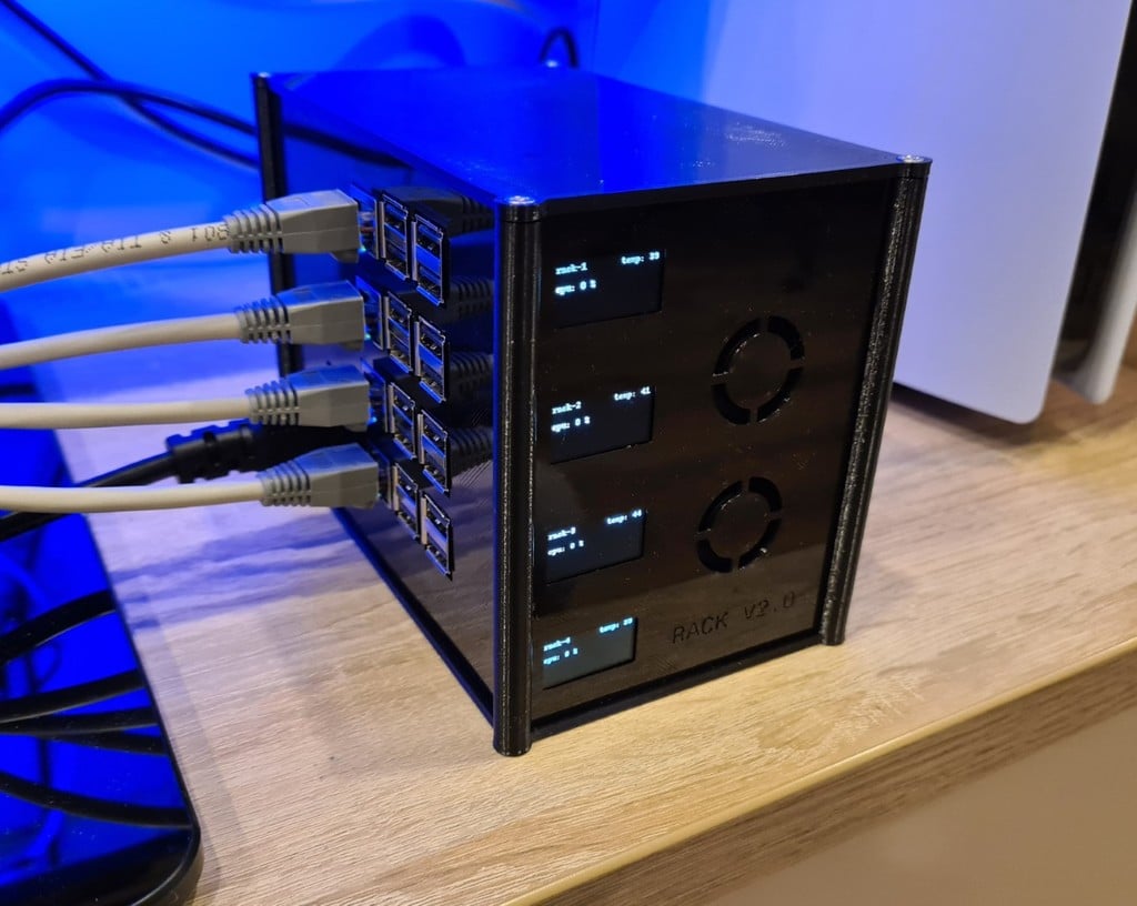 Raspberry Pi rack with OLEDs and built in power supply