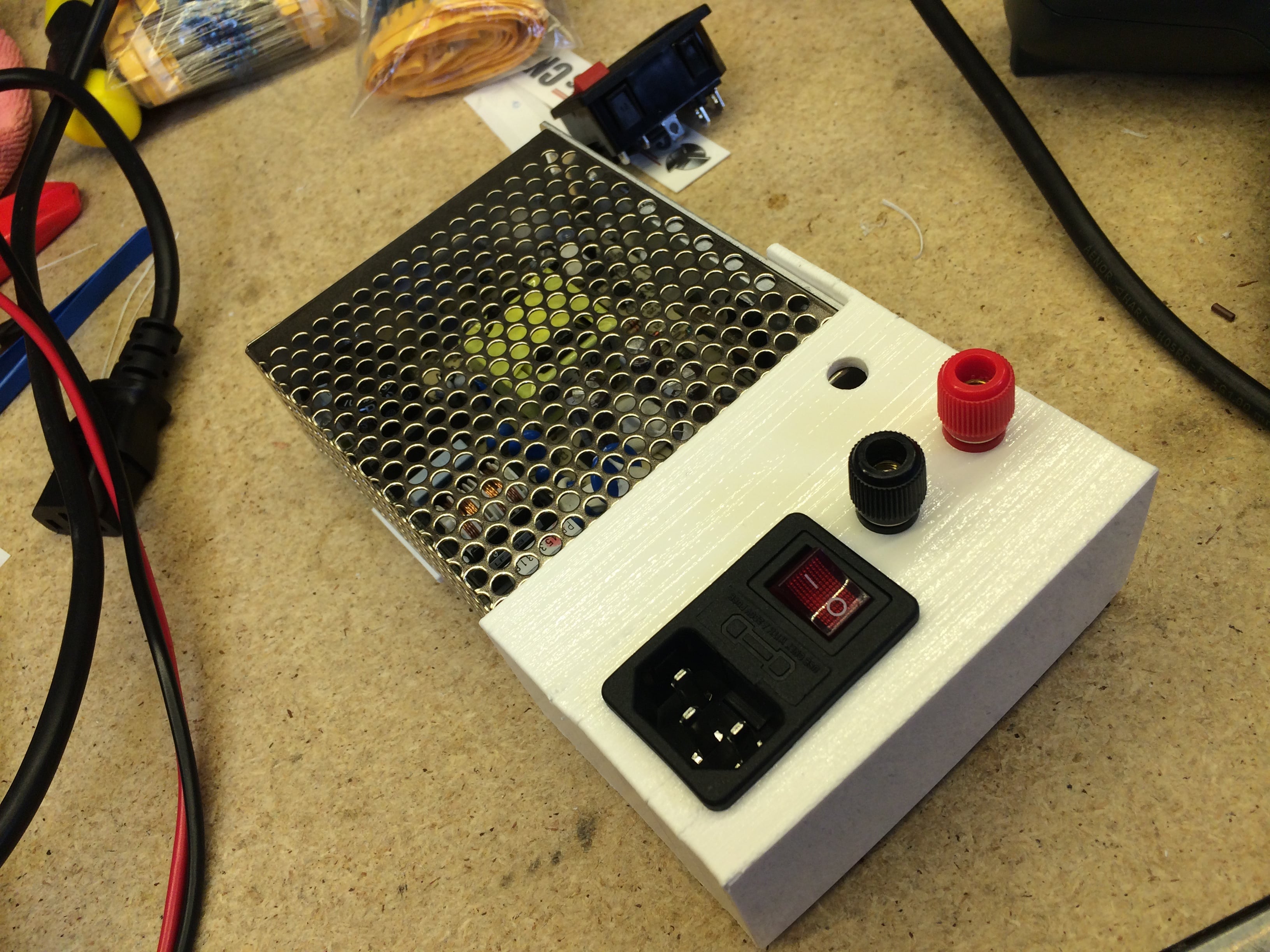 Meanwell NES-50 cover with Banana sockets, C14 socket, fuse, switch