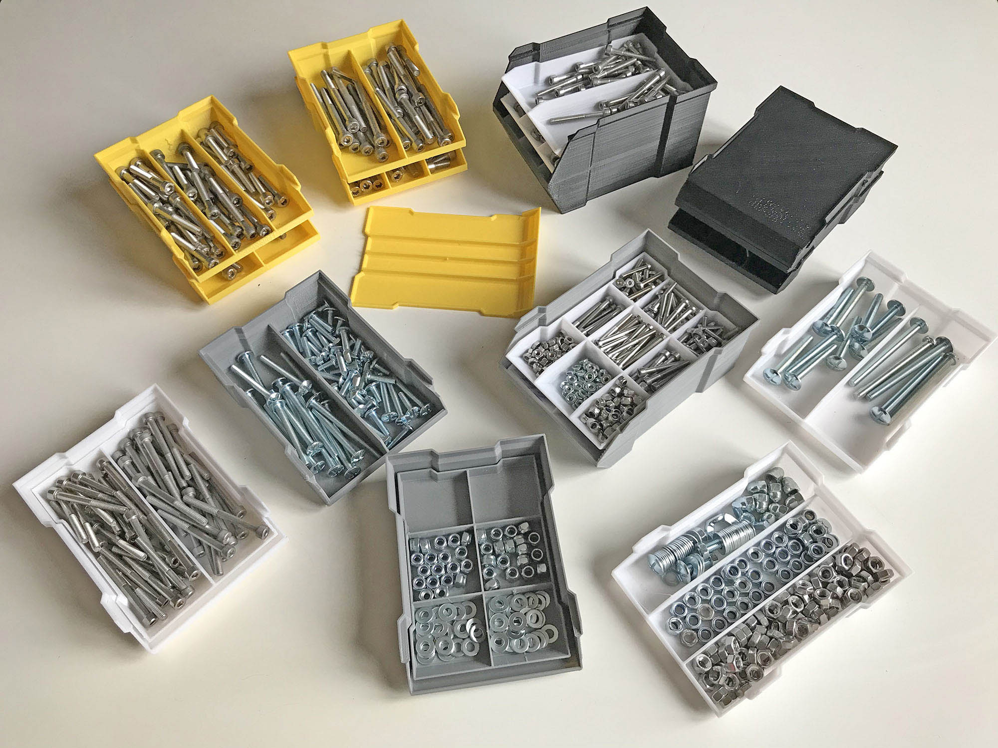 Full set of stackable boxes (three heights, tops and trays)