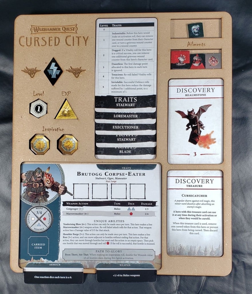 Laser-cut Warhammer Quest: Cursed City Character Dashboard