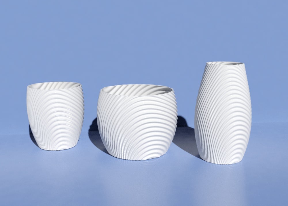 Wavy organic bowl, cups, vase and flower pot.
