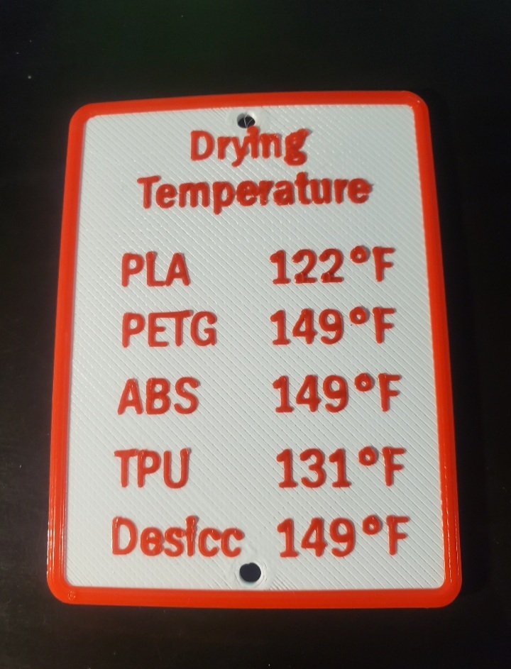 Filament drying temperature sign