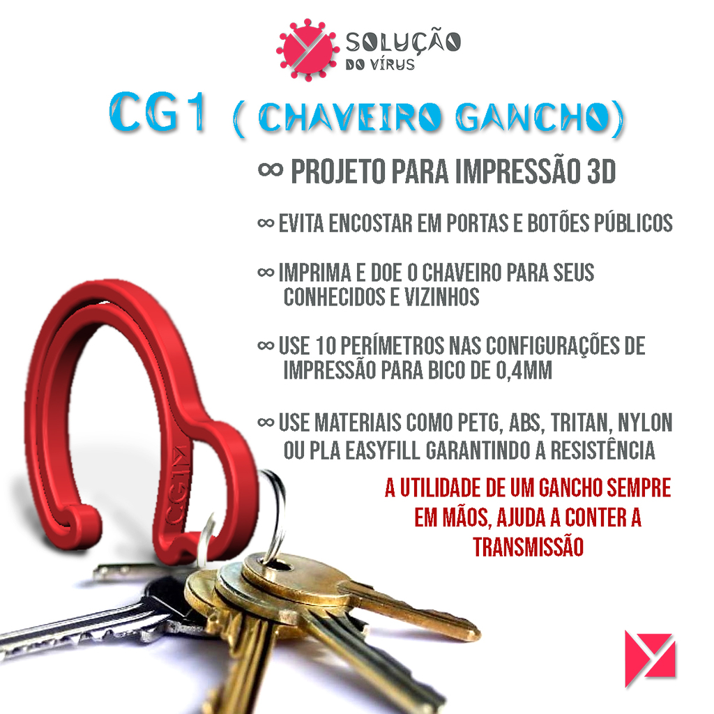 CG0 - Chaveiro Gancho ( COVID-19 ) - Impressão 3D