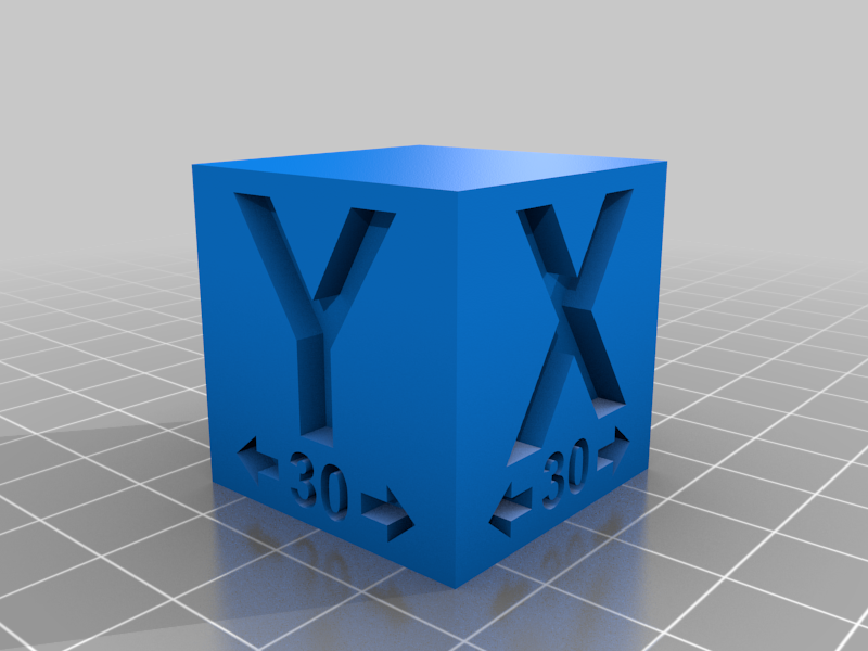 30mm calibration cube with references to where to measure (Fusion 360)