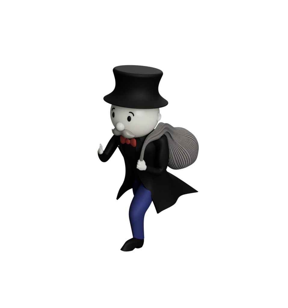 Mr Monopoly stealing a bag of something