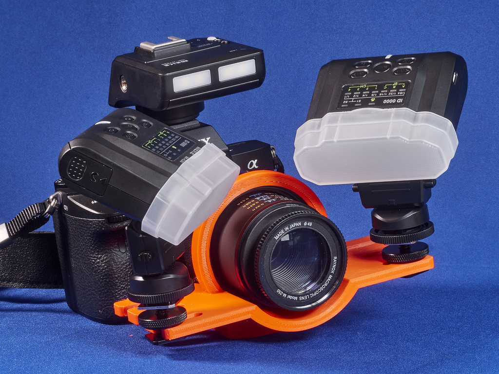 Bracket for Sony 50 mm macro lens and Meike macro flash kit. Type B.
