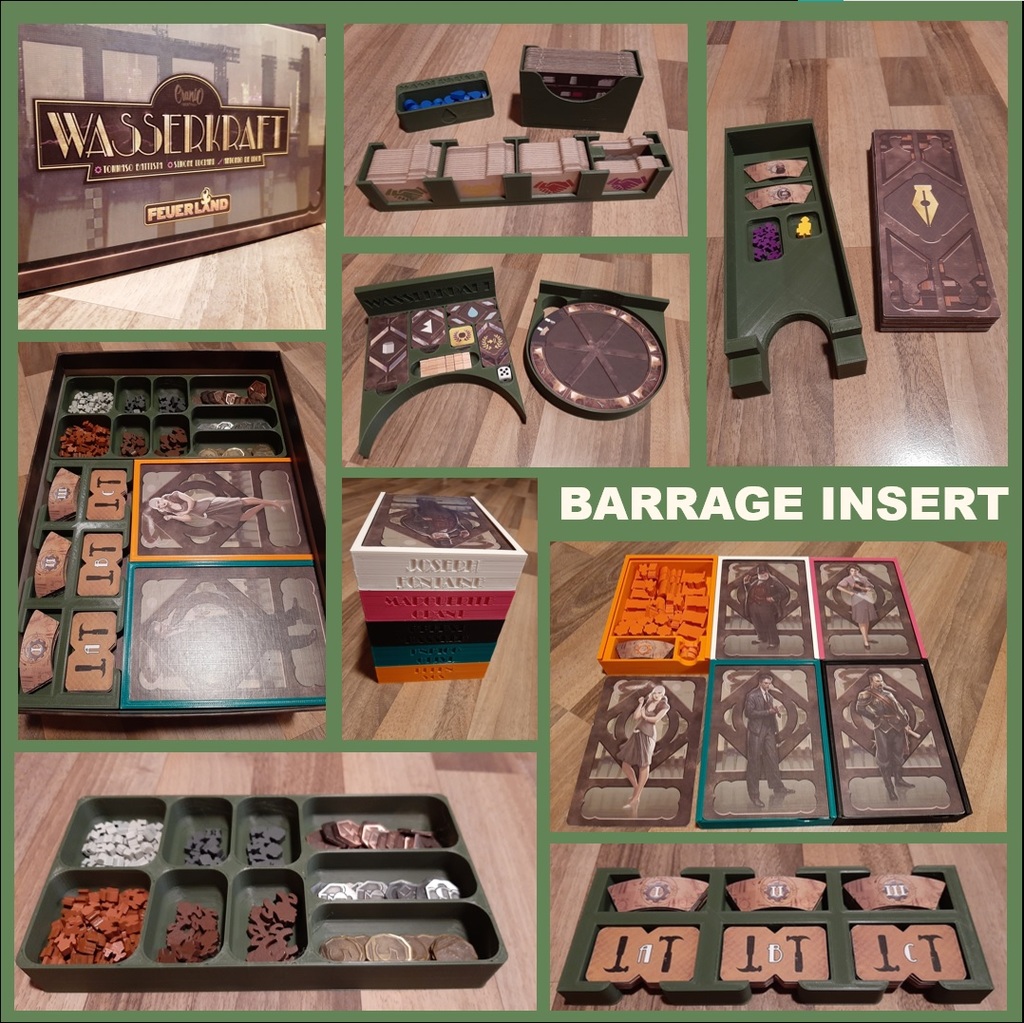 Barrage / Wasserkraft Boardgame Insert/Inlay incl. Leeghwater Project & all 5 promo XOs & 5P exp. |OR| wooden wheels without 5P exp.