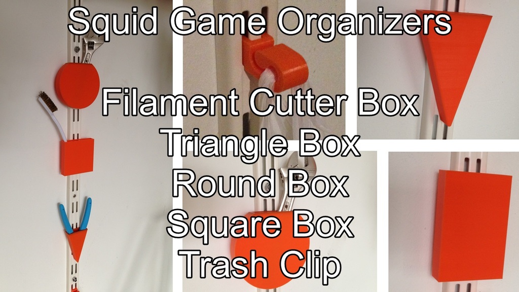 Squid Game Organizer Boxes - Filament Cutter Triangle Box, Circle Box Square Box and Trash Bag Clip.