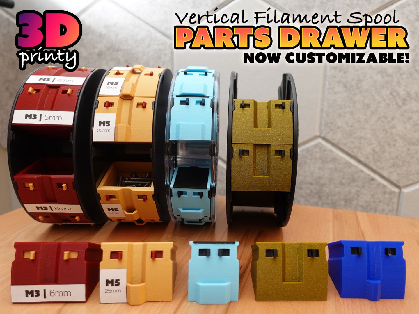 Vertical Filament Spool Parts Drawer (Customizable)
