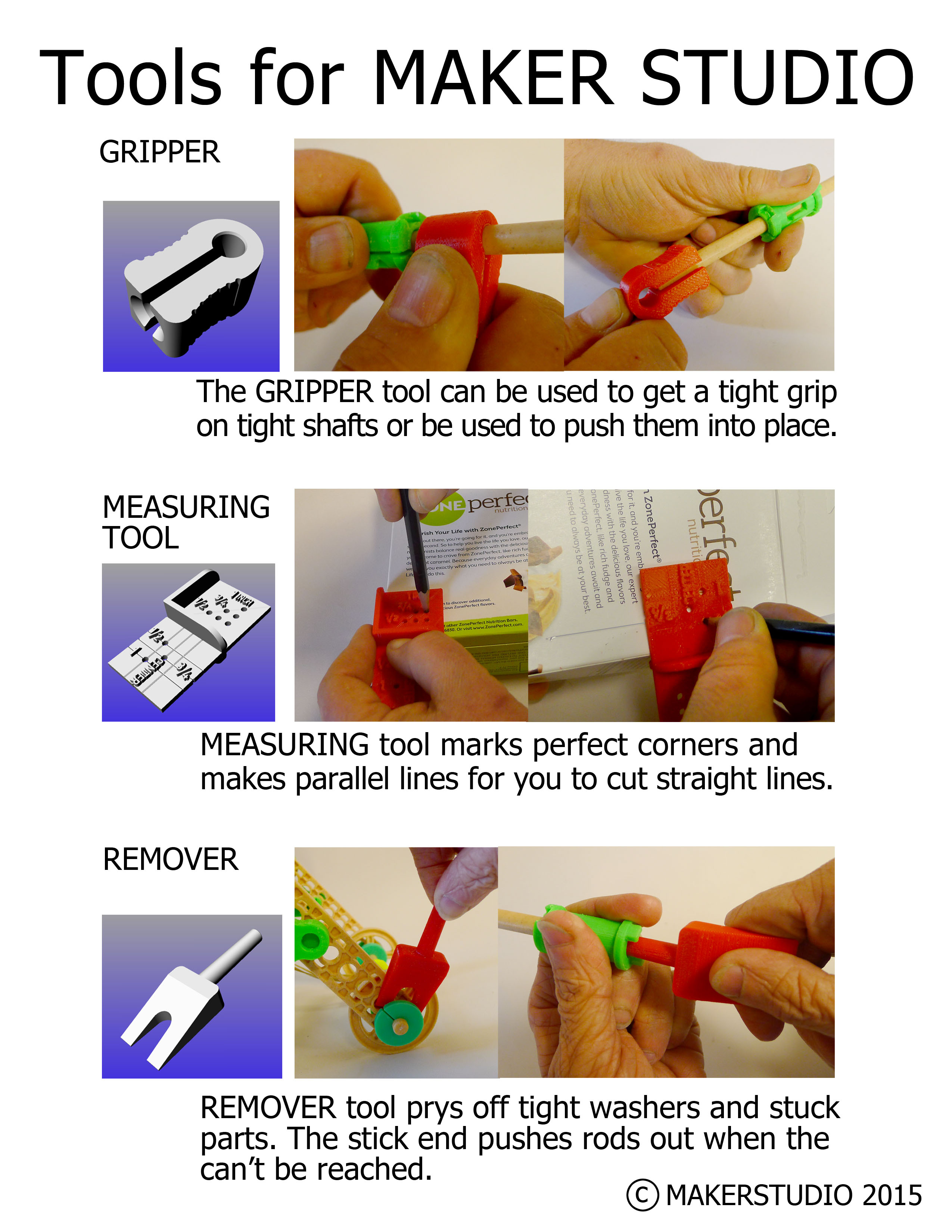 A 3 piece tool set for MakerStudio engineering construction sets