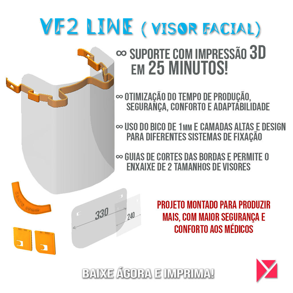 VF2 LINE - Visor Facial (FaceShield) - Impressão 3D - ( COVID-19 ) - BR