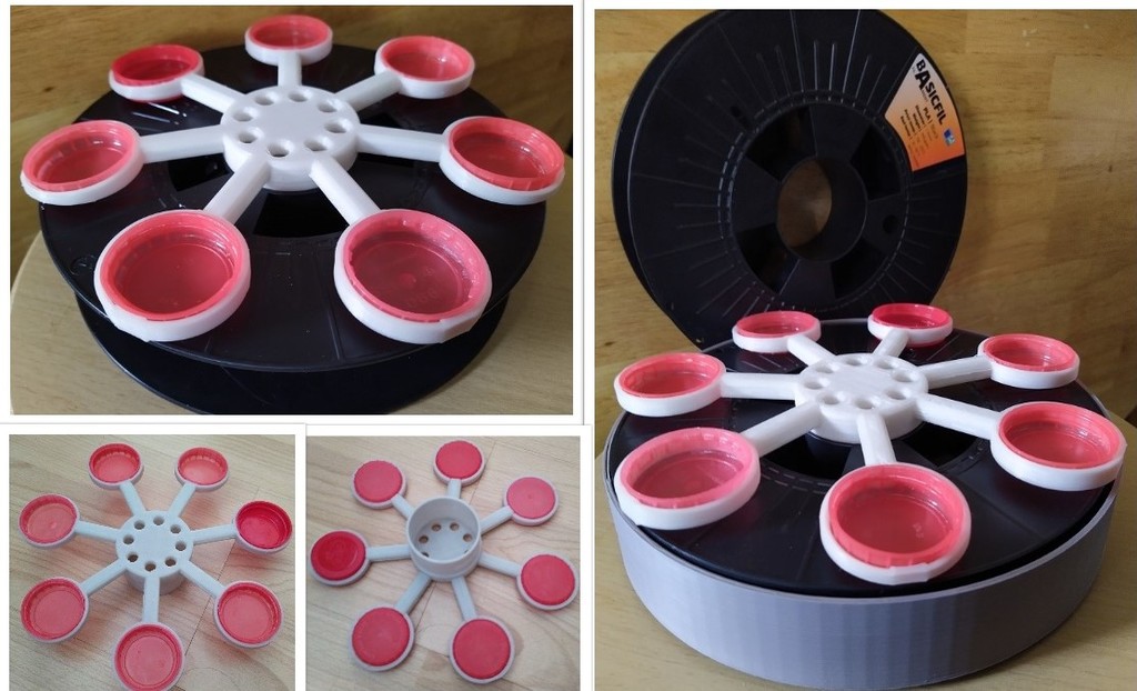 Paint Palette Turntable made using empty filament spool and milk bottle lids