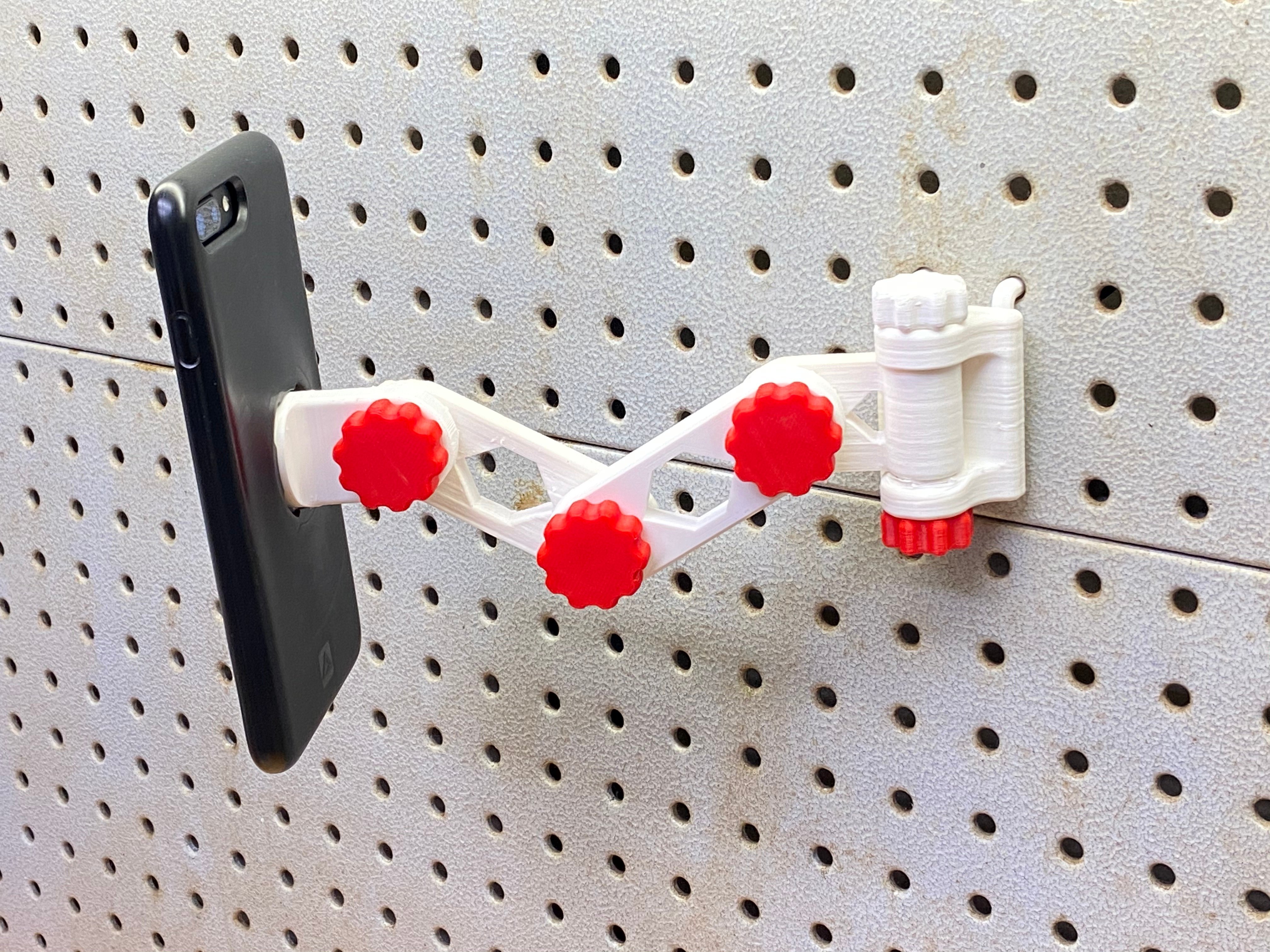 Articulating, Pegboard-Mounted, Quad Lock Phone Mount