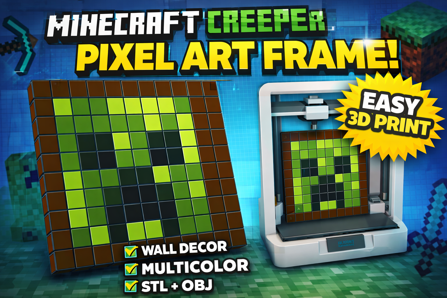 Minecraft Creeper Pixel Art Frame (3D Printable Wall Decor)