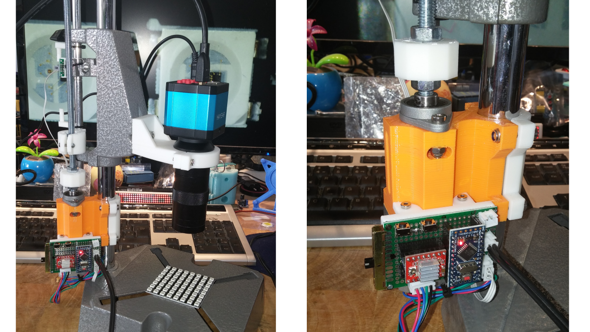 Microscope Support from cheap drill press with electronic adjustment.