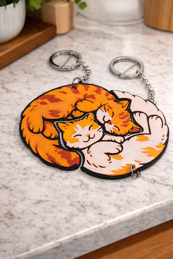 Interlocking Sleeping Cats Keychain Set – Yin & Yang Kitty Pair