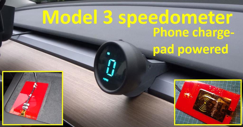 Tesla Model 3 $30 Speedometer; phone charge-pad powered.