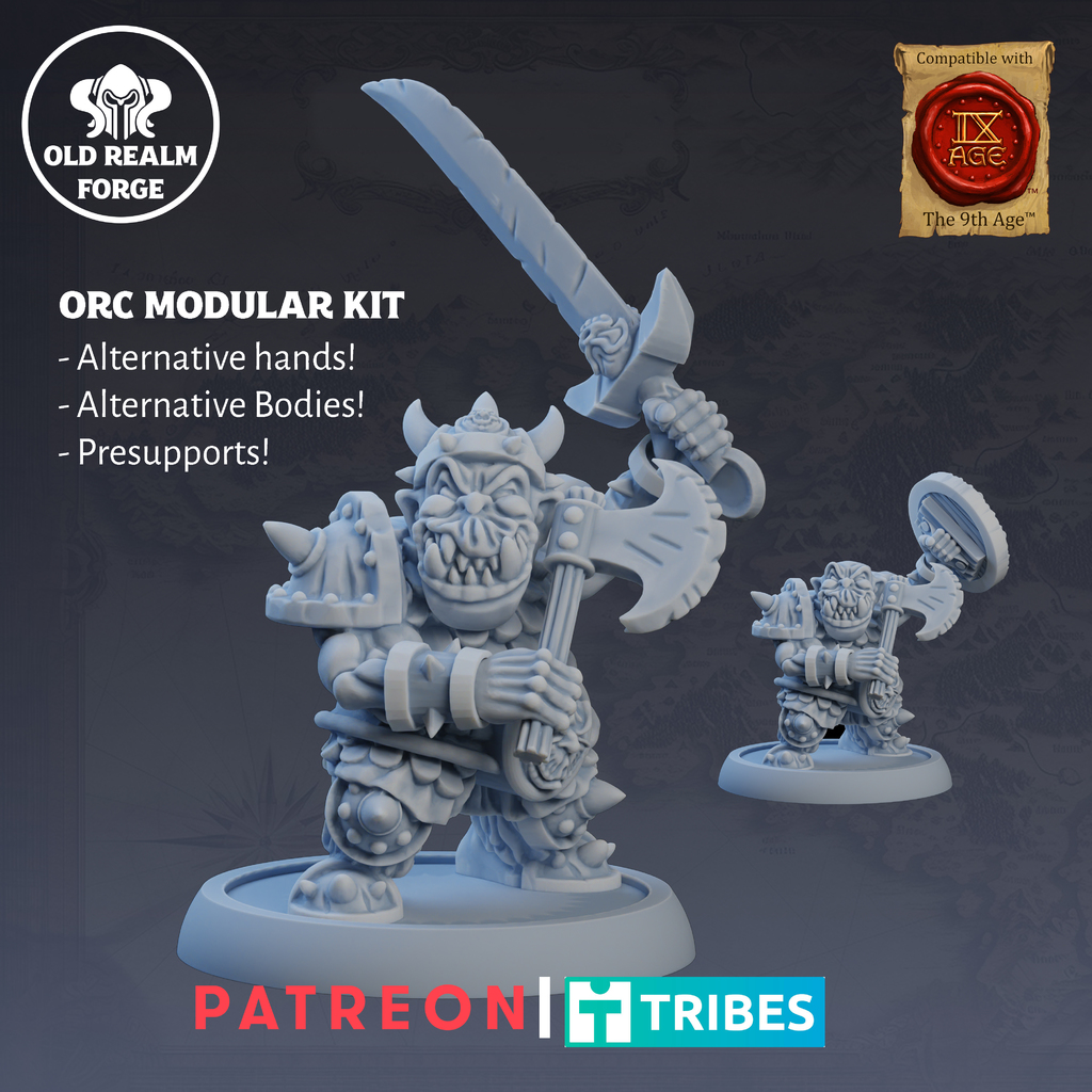 Free Presupported Modular Miniature - Old School Orc Warrior with Shield, Axe and Sword