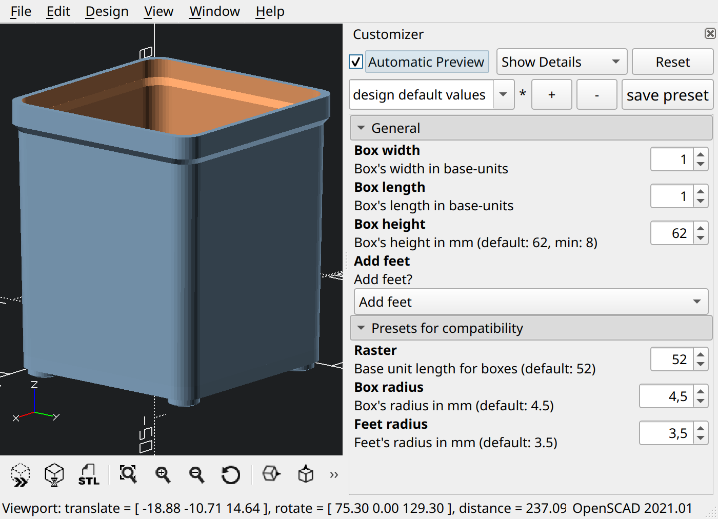 Parametric compatible inset box