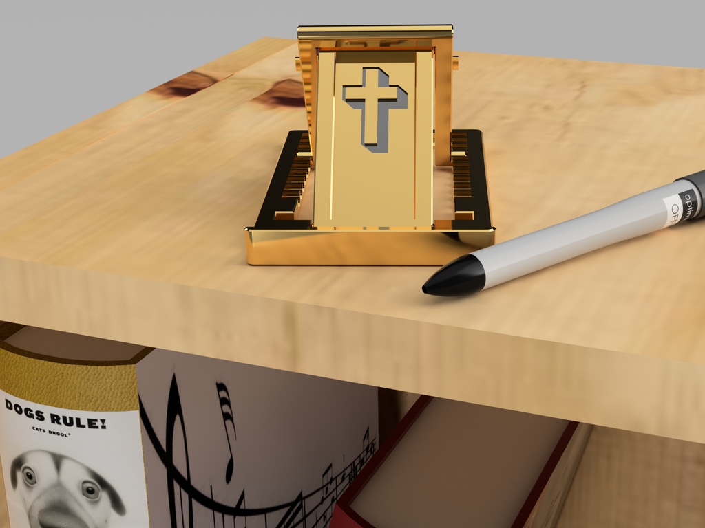 A cellphone stand with a cross.