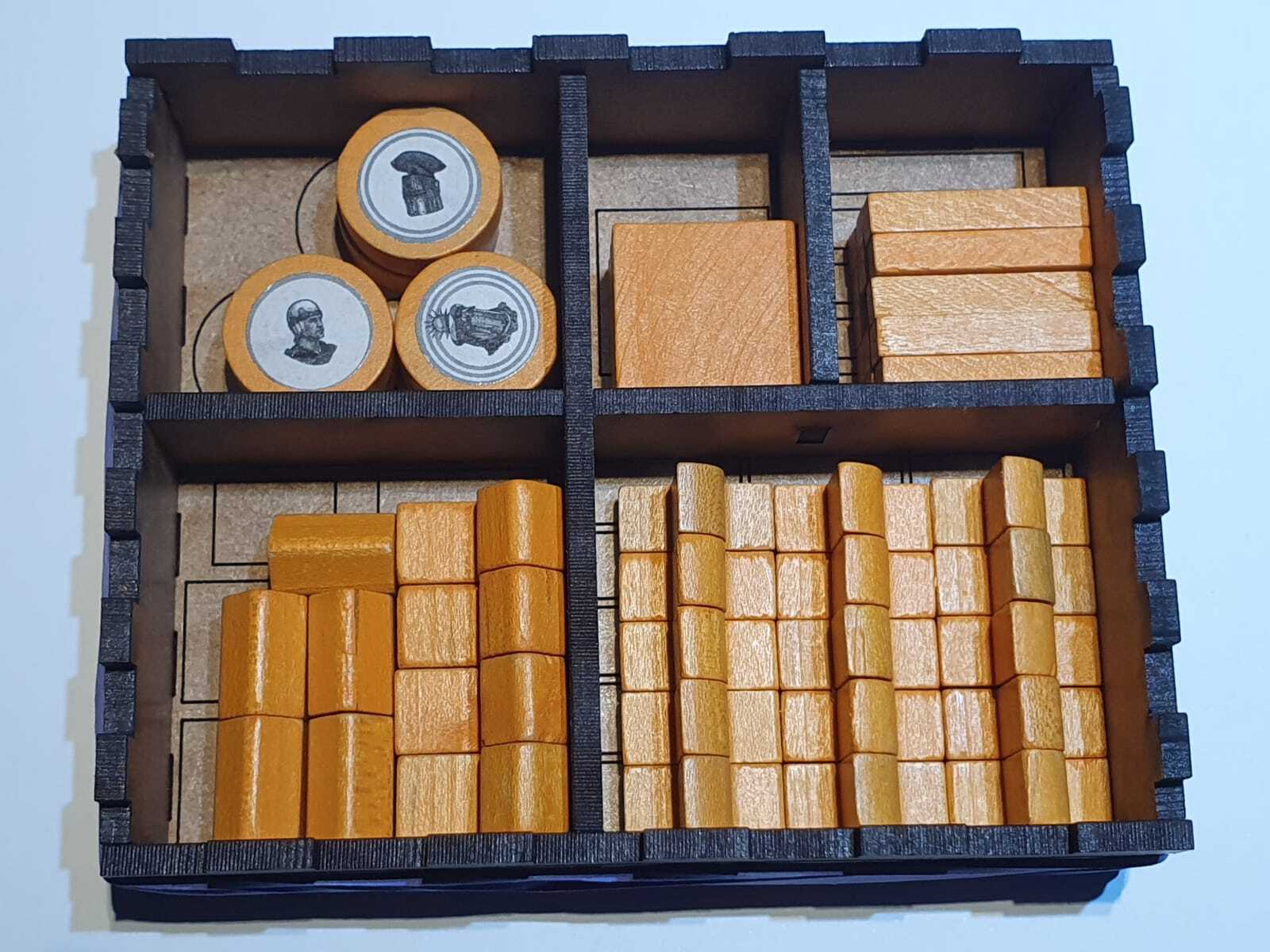 Catan compact box for one player's pieces. Fits Seafarers and Cities and Knights.