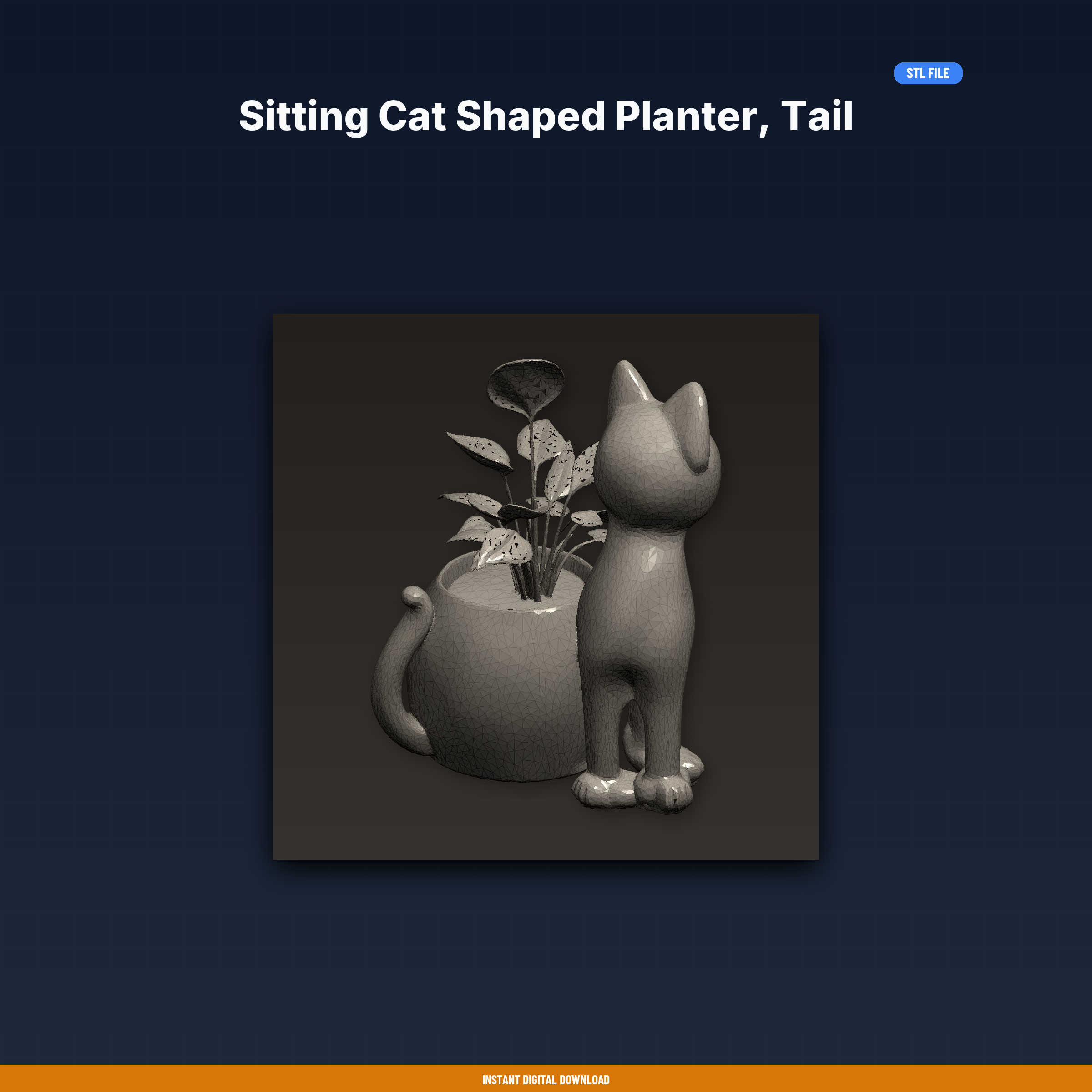 Sitting Cat Shaped Planter, Tail Curled, Plant Grows From Back, Cute Kawaii Style - STL File for 3D Printing