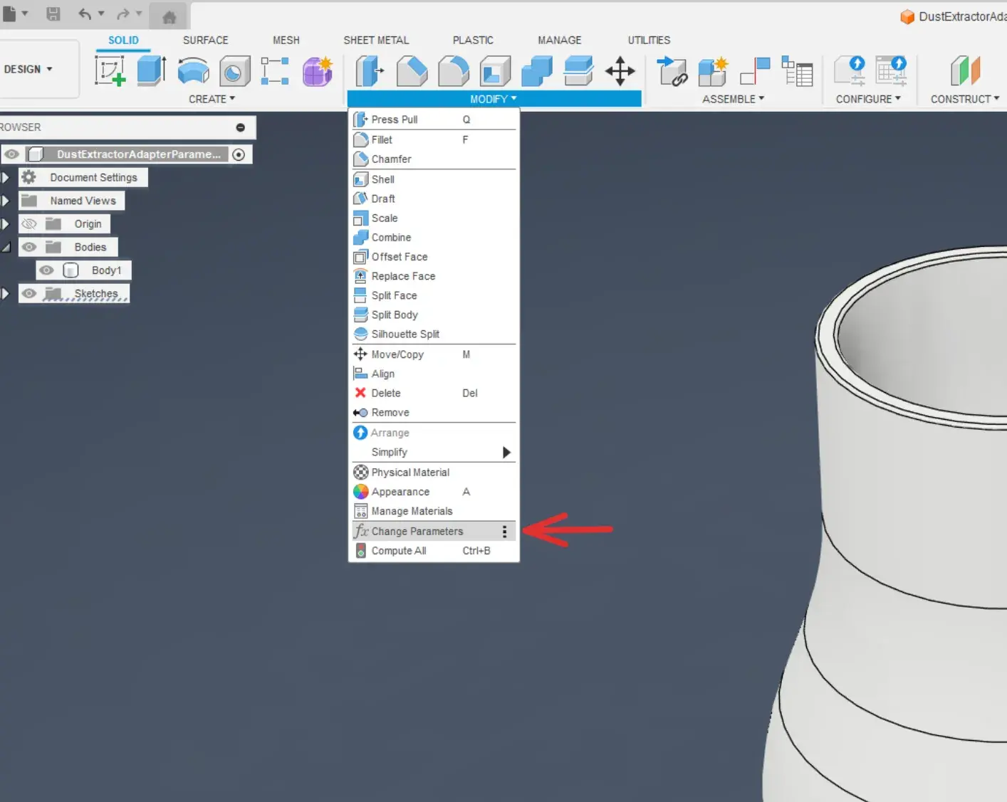 Image of where to find parameters in Fusion 360