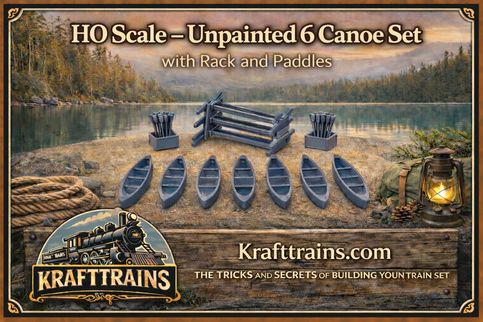 HO Scale Canoes, Paddles, and Racks – Full Accessory Pack