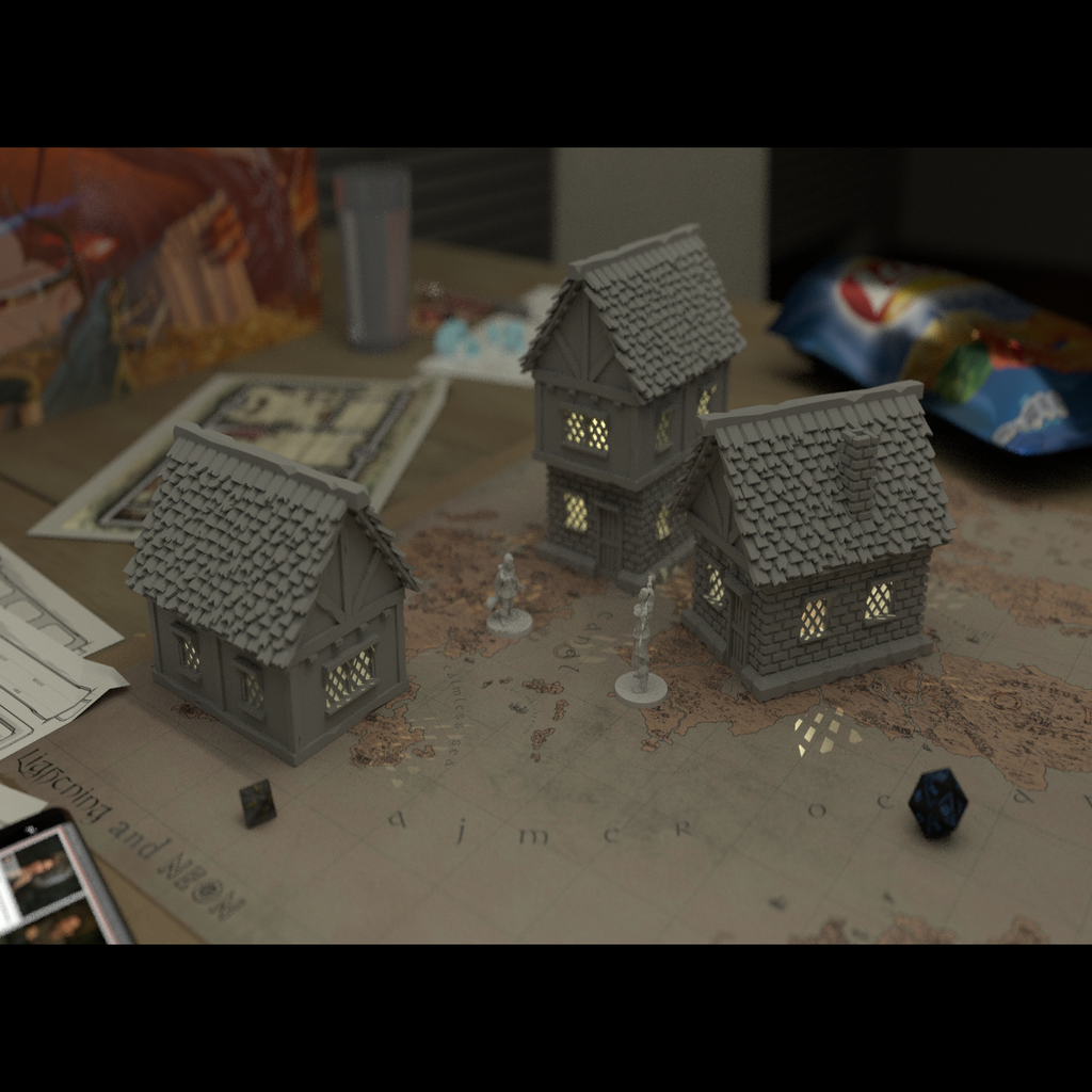 Medieval Houses with Lights 28mm