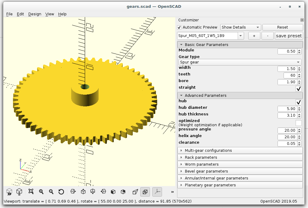 OpenSCAD Gear Library with Customizer