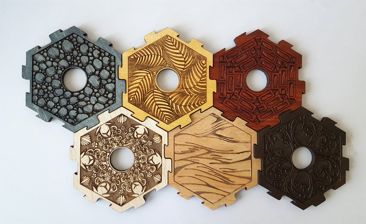 CATAN center tiles and pips (by Glowforge)