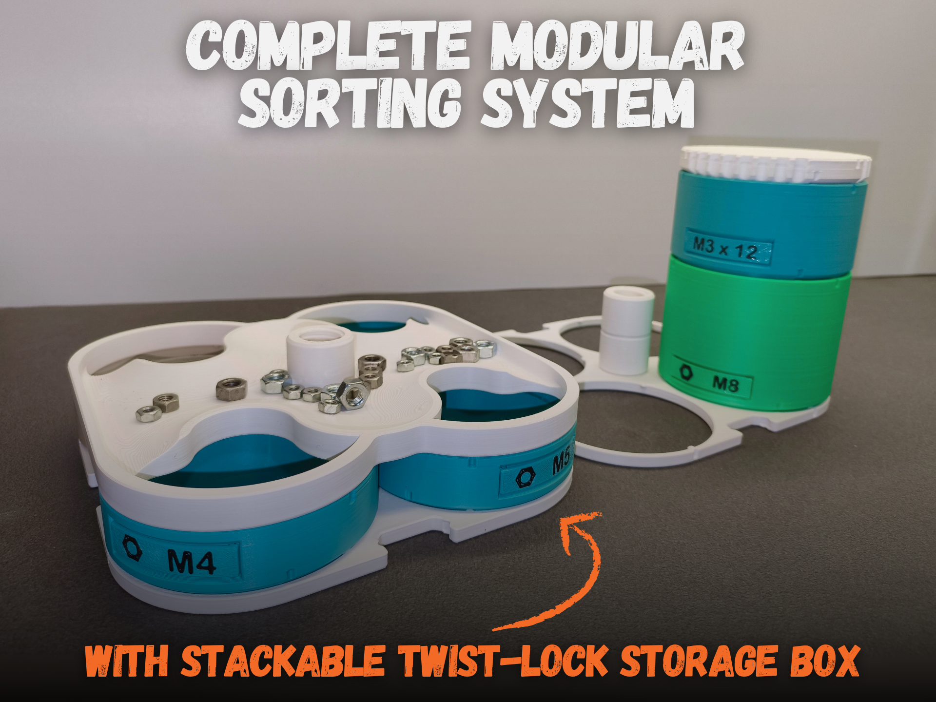 Complete Modular Sorting System with Stackable Twist-Lock Storage Box
