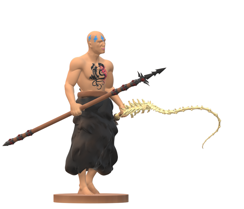 Sorcerer-monk with staff-spear and animated necrowhip