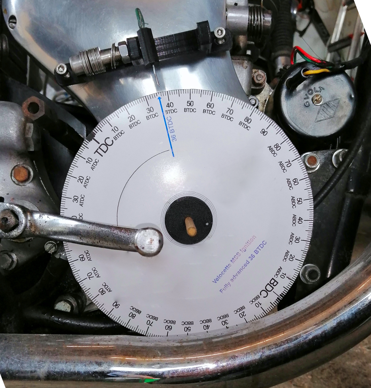 Velocette timing disc support and pointer bracket