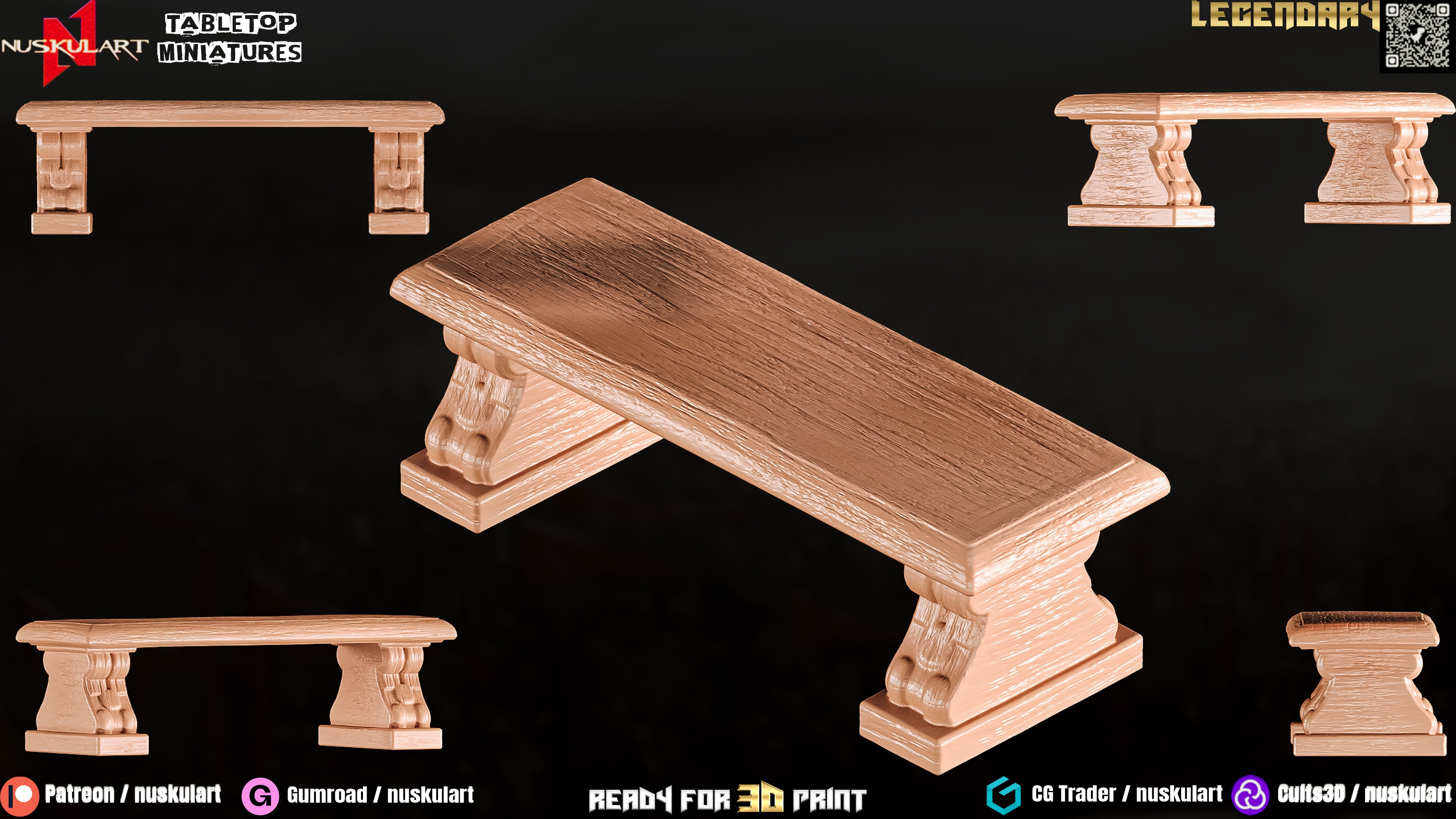 Medieval Bench - Tabletop Miniature Game / Decor - 3D Printing Legendary