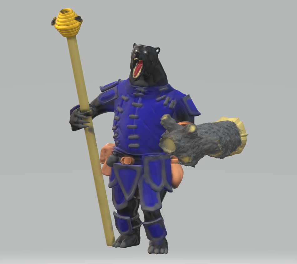 Belloo the Black, Defender of the Honey Hole - Bearfolk Druid with Staff of the Honey Hive and Log Shield 