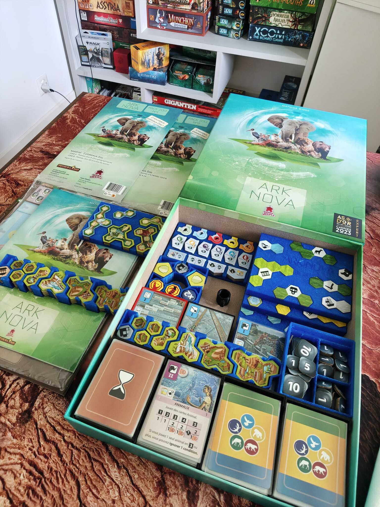 Printed and used as part of a complete storage solution for Ark Nova (sleeved) , including the Marine Worlds expansion (& additional map packs).