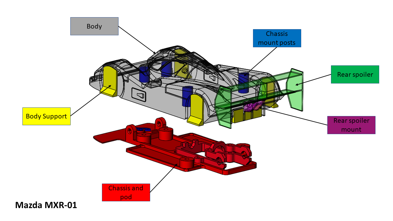 Mazda MX-R01 group C Le Mans slot car body and chassis