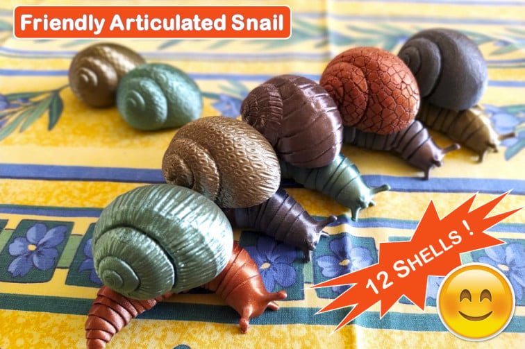 Friendly articulated snail with 12 different shells
