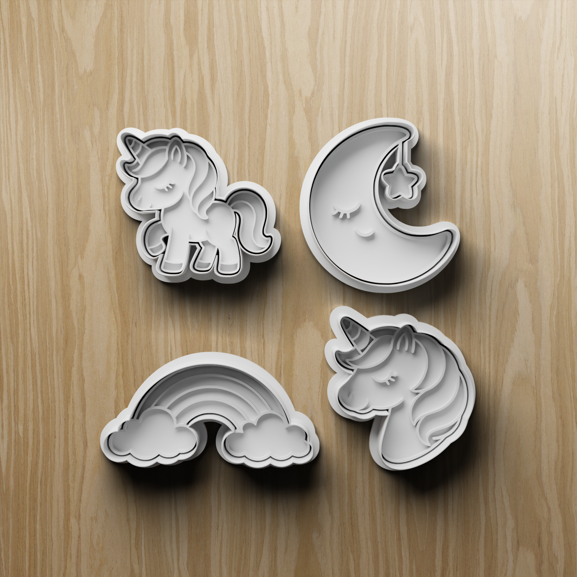 4 Unicorn Cookie Cutter STL Set, Moon and Rainbow Digital File