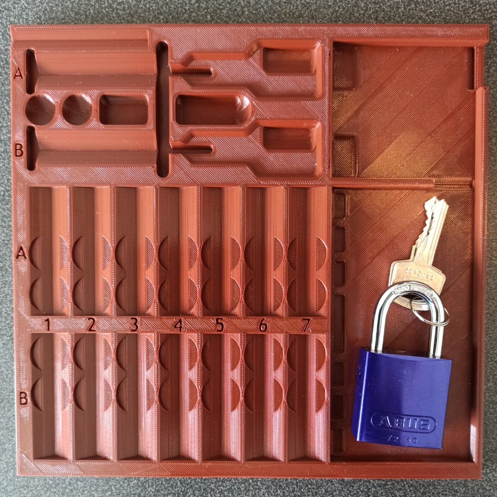 Pinning tray for locksport / lockpicking (14 pin grooves, 42 disc detainer slots)
