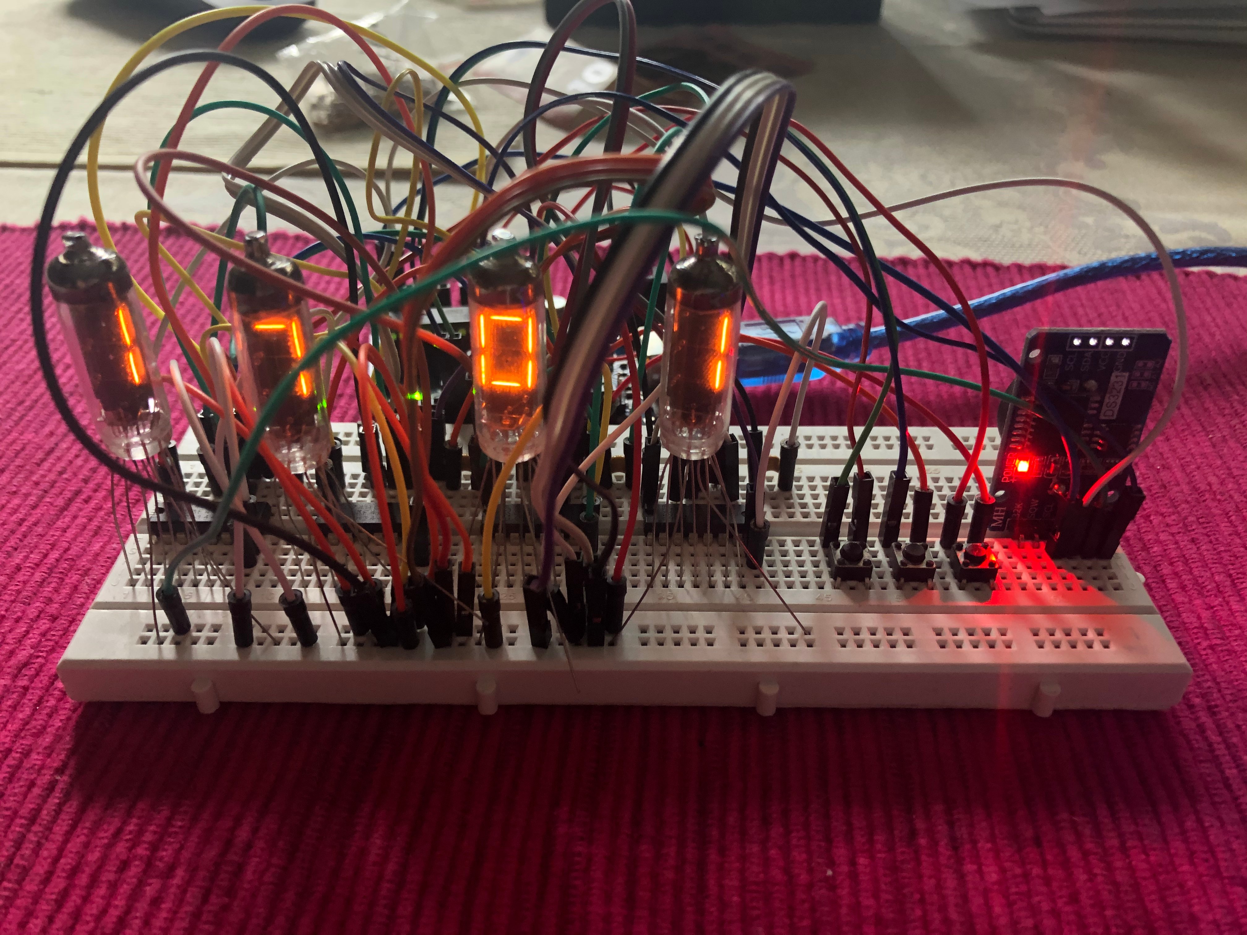 Simple numitron iv-9 desk clock using 4 shift registers, Arduino Uno(or equivalent) and ds3231 RTC clock