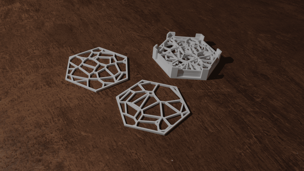 Hexagonal Voronoi drink coasters with holder [ Voronoï ]