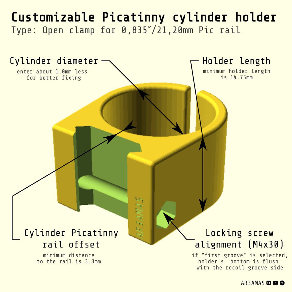 Customizable Picatinny cylinder holder — Open clamp for 0.835in 21mm Pic rail