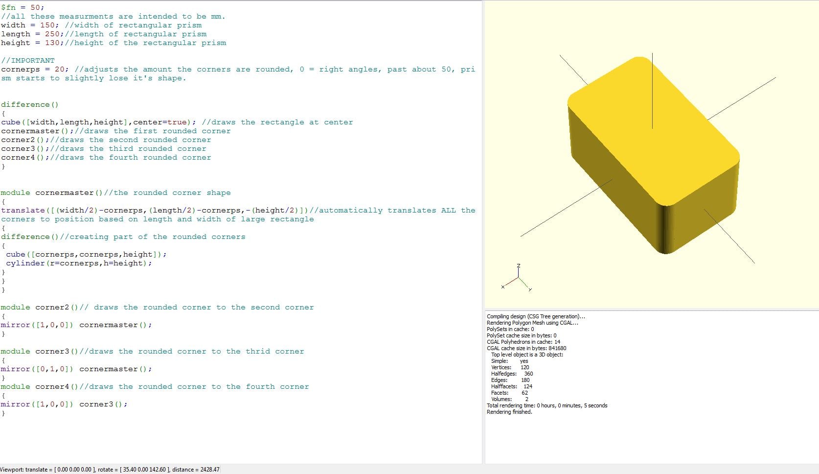 OpenSCAD Awesome 3D Rectangular Prism Curved Edge Generator