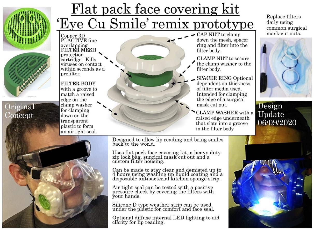 Eye Cu Smile V1 Prototype Transparent Face Covering Kit / Clear Mask. NanoHack Copper3D Filter
