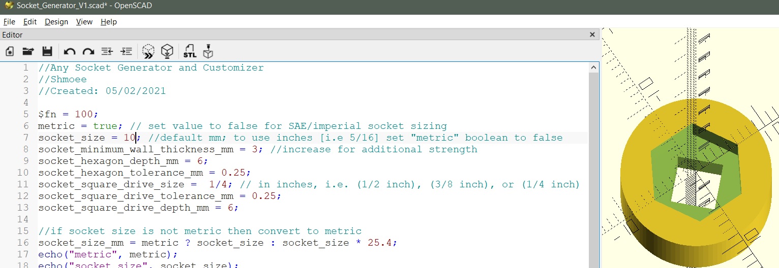 Any size custom socket generator in OpenSCAD