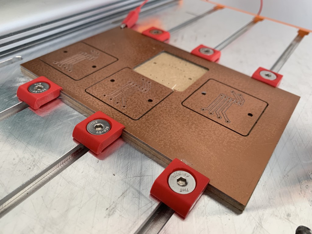 Low profile clamps for PCB milling on 3mm sacrificial plate