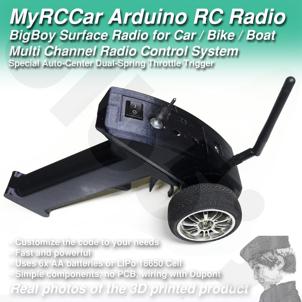 MyRCCar Arduino Surface Radio for RC Car / Bike / Boat. "BigBoy" Multi Channel Radio Control System, including Transmitter and Receiver. The trigger